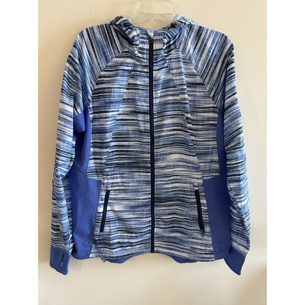 Marmot Muse Windbreaker Striped Blue White Hooded Lightweight Jacket Size XL